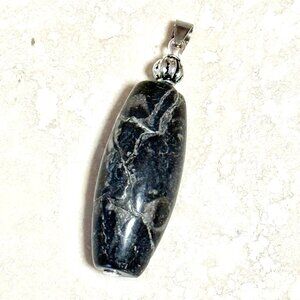 Natural Black & White Orthoceras Fossil Pendant, Genuine Fossilized Gemstone